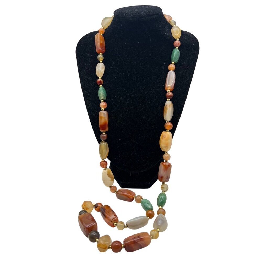 Multicolor Carnelian Agate Beaded Necklace 33" Gold-Tone Barrel Earthy Boho - Picture 2 of 14